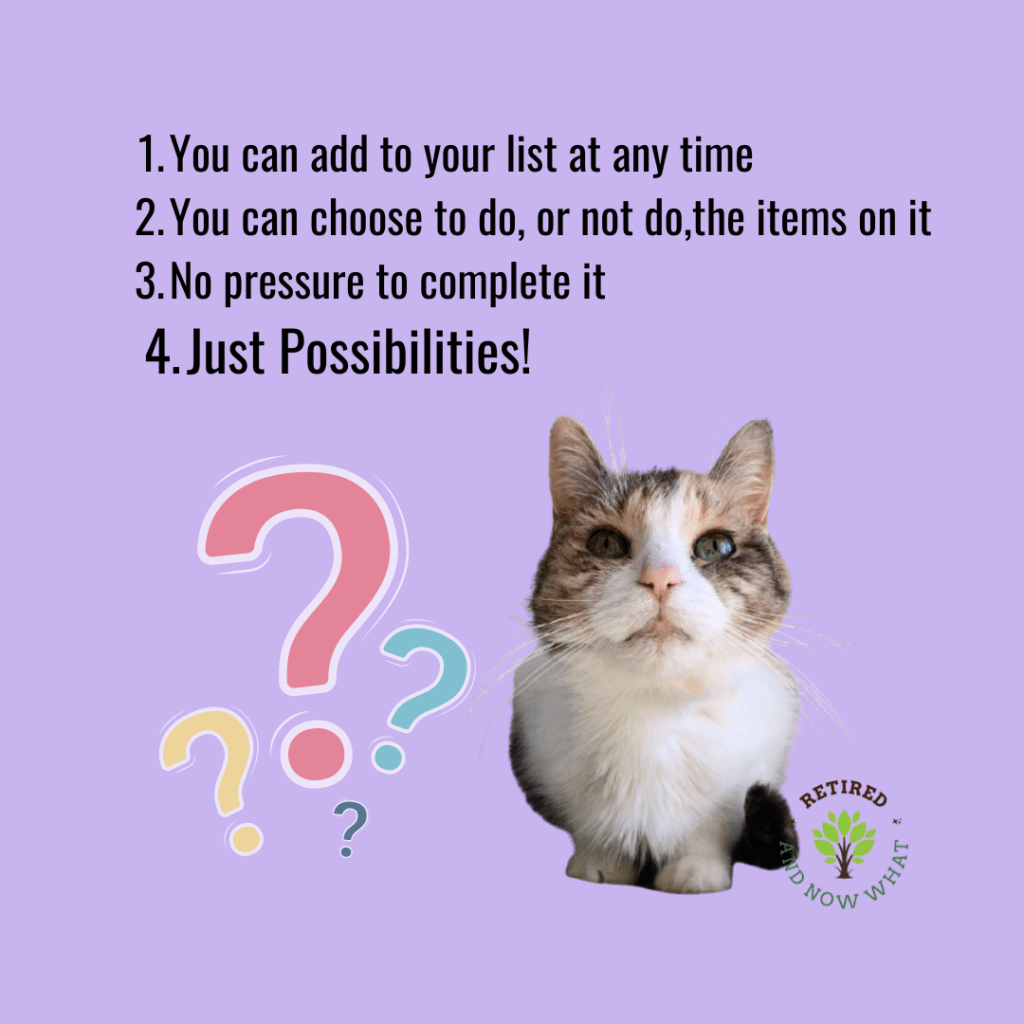 A purple slide with cat and question mark illustrations says, "1. You can add to your list at any time. 2. You can choose to do, or not do, the items on it. 3. No pressure to complete it. 4. Just possibilities!"