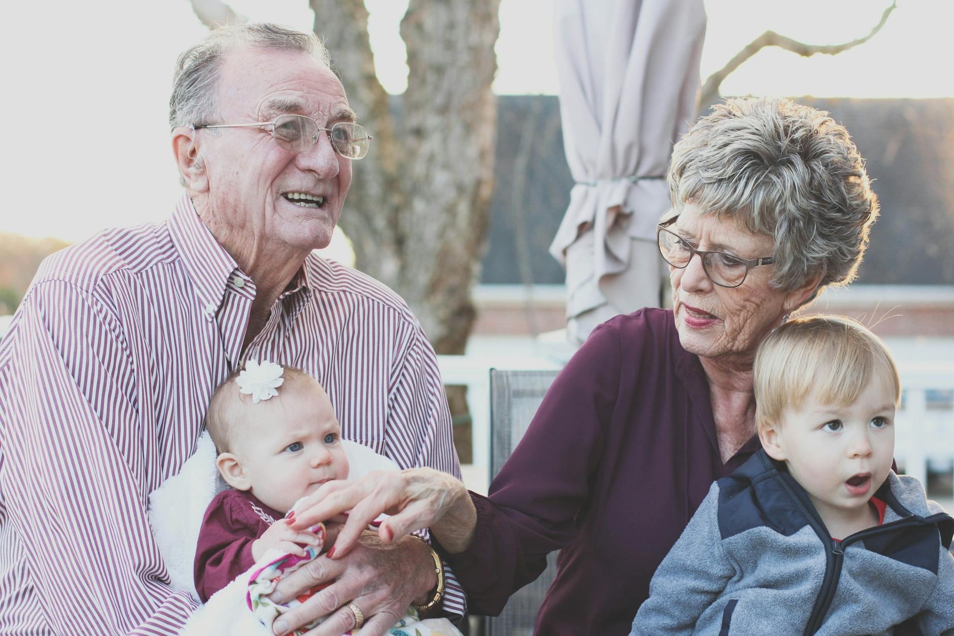 Two grandparents each holding a small child on their lap.