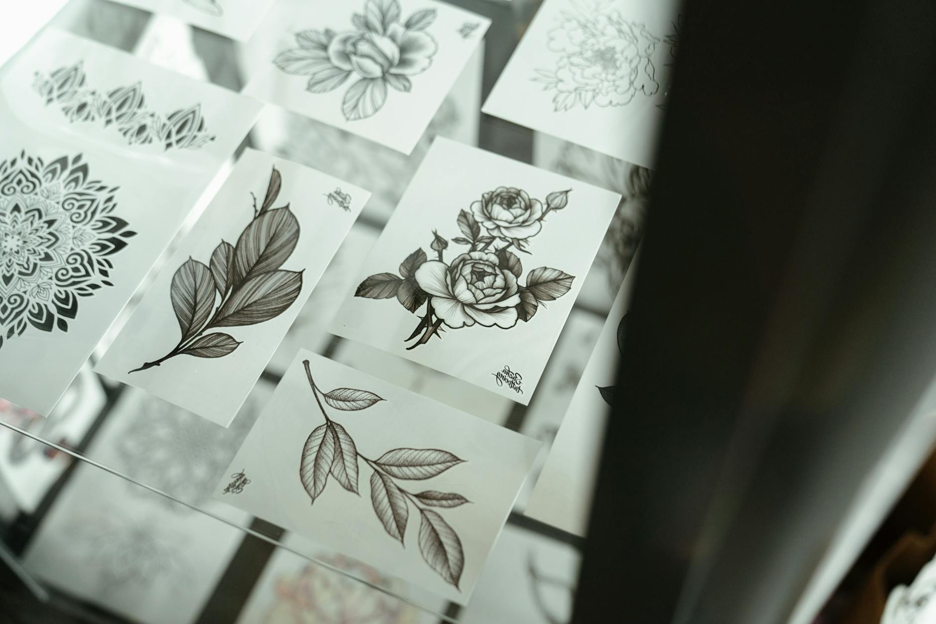 Tattoo designs on papers displayed on a counter.