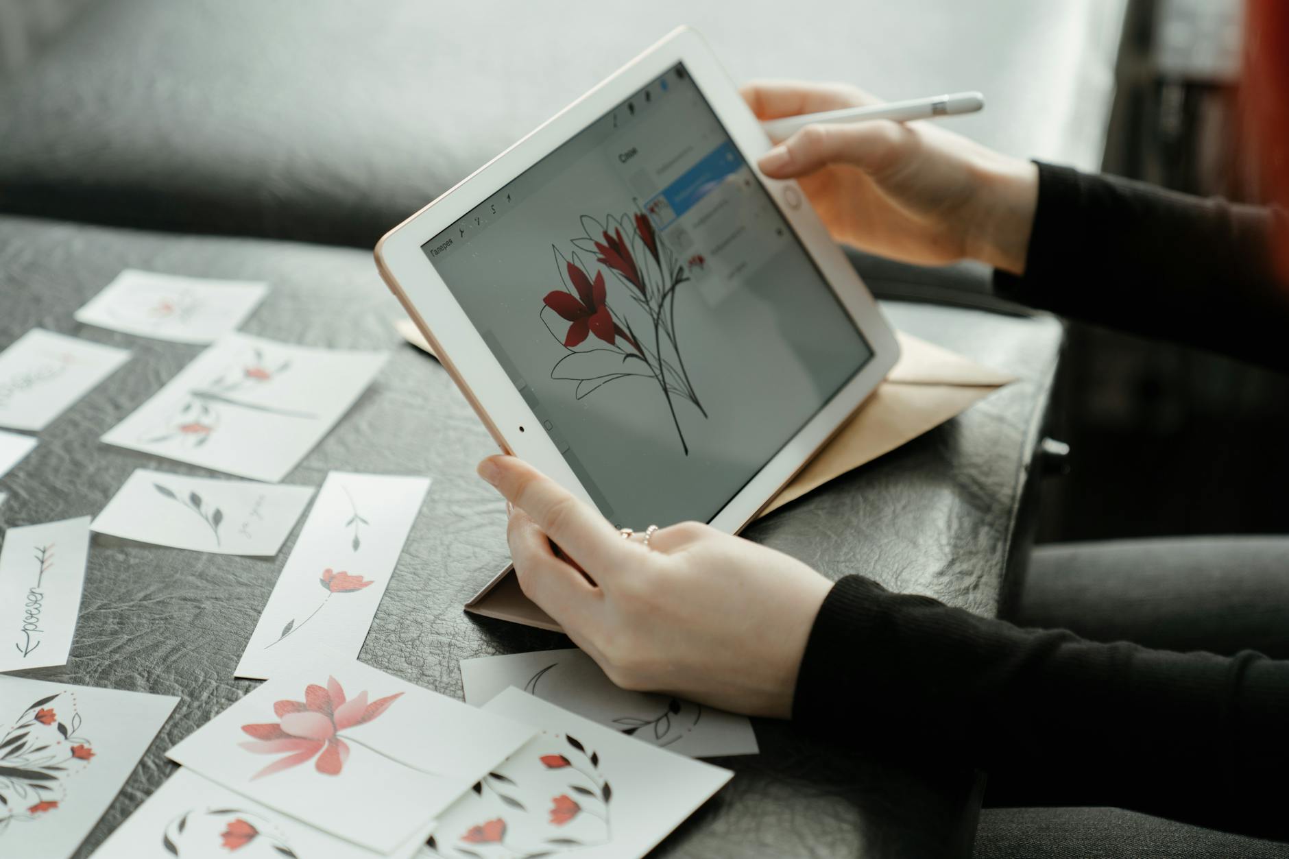 An artist is drawing a floral tattoo design on a tablet. There are numerous other floral designs cut out of paper on the table in front of them.