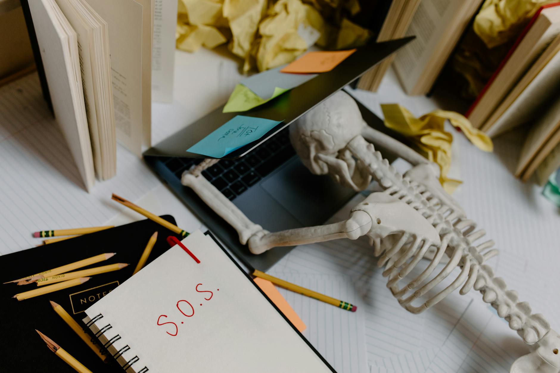 A skeleton is face down on an open laptop and a notebook with S.O.S. is by its side.