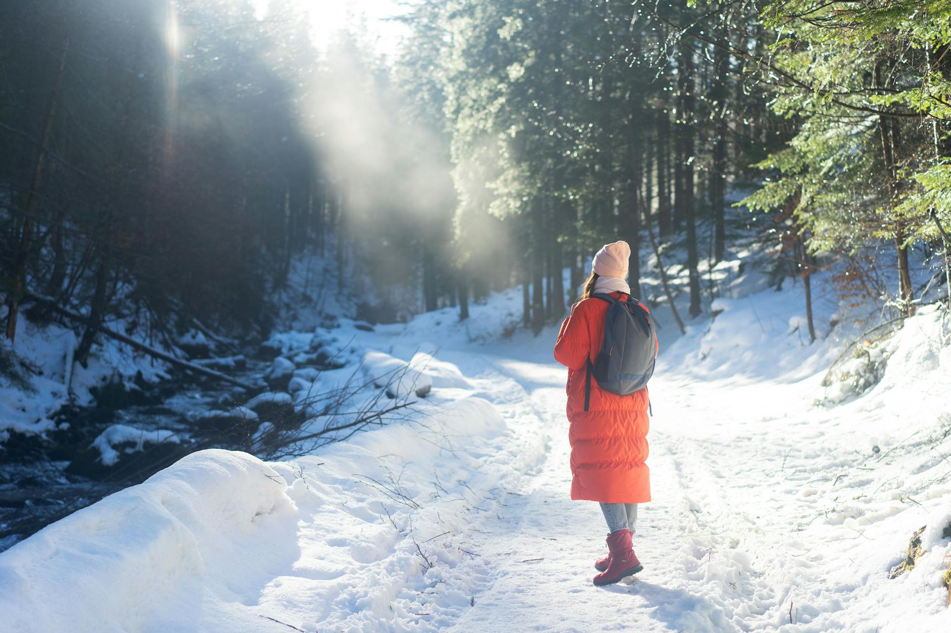 A person in a long red parker walks facing the sun along a snowy path in the forest. 
