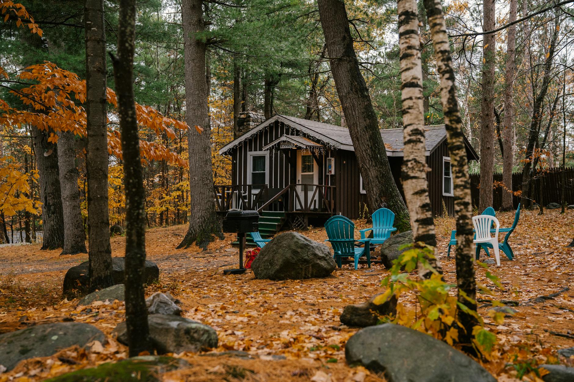 A cottage in the fall woods with chairs outside.